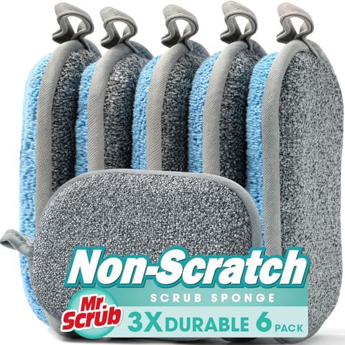Mr. Scrub Esponjas de Cocina para Lavar Platos, Limpieza de Cocina, Multiusos, Paquete de 6, antiarañazos, Lado áspero para Utensilios de Cocina antiadherentes, Lado de Microfibra Suave para Platos,