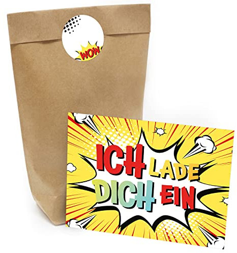 Kindergeburtstag Einladung Set mit je 8 Einladungskarten, Umschlägen, Tüten und Aufkleber - Comic Style Coole Schrift