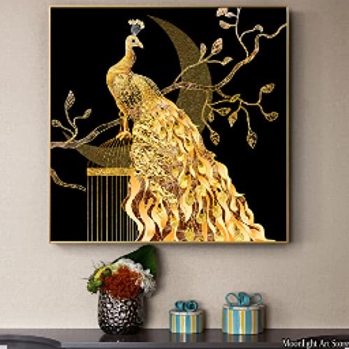 Rumlly Goldener Pfau Leinwand Gemälde Luxus Wandkunst Poster Moderne Tierkunst Bild Moderne Gang Home Wohnzimmer Dekor 40x40cm Rahmenlos