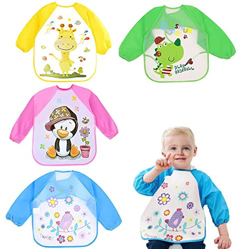 Darryy Baby Bibs with Sleeves Long, 4 Stück Waterproof Bibs, Baby Food Apron, Abwaschbare Armellätzchen, Wasserdicht, für Kinder im Alter von 1-5 Jahren