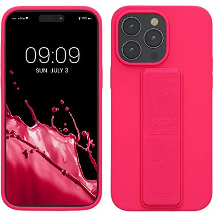 kwmobile Case Compatible with Apple iPhone 14 Pro Max - Case with Hand Strap and Stand Soft TPU Silicone Coating - Neon Pink