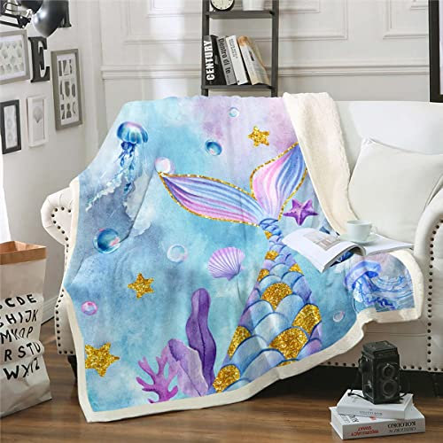 Goldene Pailletten Meerjungfrau Decke Blau Lila Batik Fischschuppen Fleece Decke Meerjungfrauen Geschenke für Mädchen Quallen Decke Werfen 75x100 Muschel Nautisches Meerestier Ozean Zimmer Dekor