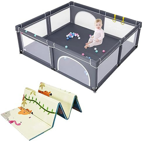DREAMADE 206 X 185CM Laufstall Baby, Laufgitter Faltbar mit 50 Bällen & 4 Griffe, Schutzgitter mit 2 Türen, Krabbelgitter Indoor & Outdoor (Dunkelgrau, mit Matratze)