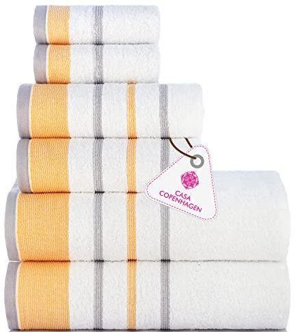 Casa Copenhagen White Bay - Toalla de algodón Egipcio de 600 g/m² para Hotel, SPA, Cocina, baño, Juego de 6, 2 baños, 2 Manos, 2 paños de Lavado, Color Blanco con Ribete Dorado y Gris