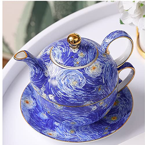 FUNNYBSG Juego de Tetera y Taza de té para uno, Juego de té de Porcelana China, Aplique de Mano fácil de Limpiar con Borde Dorado, Mango Ancho portátil, patrón Personalizado, con Paquete de Regalo,C