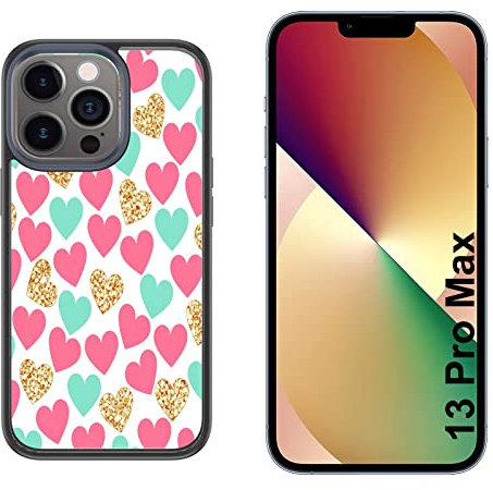 Generico Cover compatibile con Cover Apple iPhone 13 Pro Max Sfondo Cuore Rosa Azzurro Oro Brillantinato/Glass Back con gomma sui lati/TPU rigido