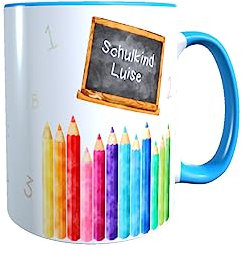 minimutz Tasse Kinder Einschulung Schulkind mit Name | Personalisierter Trinkbecher Stiftehalter Keramik Mädchen Jungen Schulanfang 1. Klasse Buntstifte (hellblau)