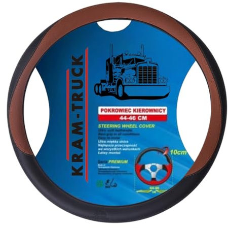 KRAM-TRUCK Auto-Lenkradbezug, rutschfest, LKW-Lenkradbezug 44–46 cm, für LKW und LKW, aus Öko-Leder, für Damen und Herren LKW mit Lenkradbezug (Schwarz & Braun)
