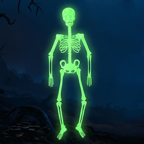 Halloween Deko, Skelett Leuchtendes, Halloween Leuchtendes Schädel Skelett Aufgehängt, Leuchtendes Totenkopf Deko, Bewegliche Gelenkknochen Skelett, Gruseliges Haunted House Halloween Requisit(32cm)
