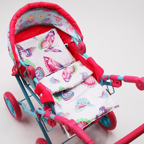 PinkZebra 3er Set Puppenbettwäsche für Puppenbett, Puppenbettzeug 3-teilig, Decke + Kissen + Matratze, Puppenbettzeug mit Matratze für Puppen bis 43 cm, aus Baumwolle, Schmetterlinge