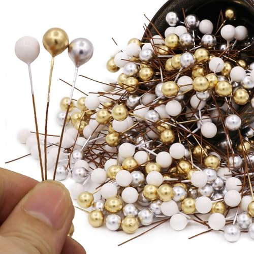 Tuxiaobu 300 bacche artificiali di agrifoglio, mini 8 mm, bacche finte su filo per decorazioni per albero di Natale, ghirlande, ornamenti per le vacanze, fai da te, uso artigianale, oro, bianco