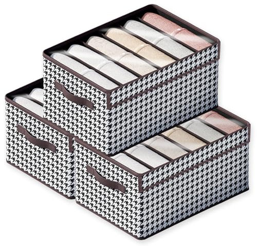 Goesort Set of 3 Wardrobe Storage Organiser, Foldable Closet Clothes Organiser Fabric Storage Boxes with Lid and Clear Window For Jeans Pants Shirts Leggings Sweaters, 6 Grids, Houndstooth