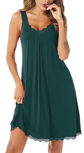 Uniexcosm Women's Nightdresses Sleeveless Nighties Cotton Lace Nightgown V Neck Chemise Sexy Negligee for Ladies Nightshirts Nightwear Loose Plus Size Jersey Lingerie Green
