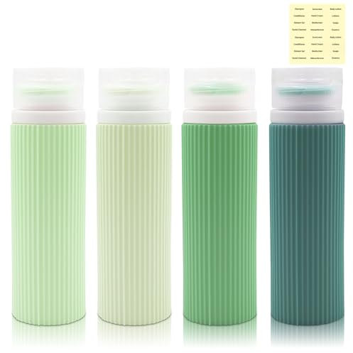 Reiseflaschen-4 Stück 100ml Reiseflaschen Set-mit Etiketten Reisezubehör-Silikon Flaschen Reise-Camping Silikon Reiseflasche- für Shampoo Sonnenschutzmittel Körperlotionen Conditioner Lotion (Grün)