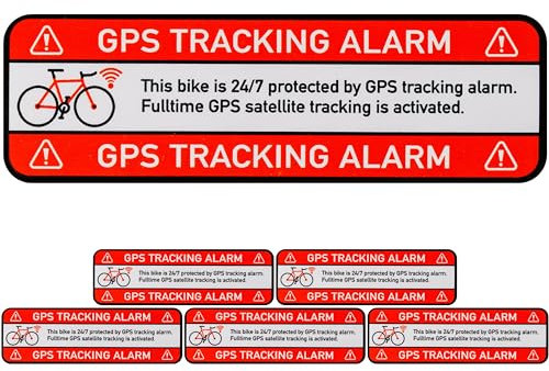 Aufkleber Set BIKE GPS TRACKING ALARM!, 6 Stück, 67 x 21 mm, selbstklebende Folie, außenklebend, Fahrrad Warnhinweis Sticker für Außenbereich, Diebstahlschutz Zweirad, Klebesticker alarmgesichert