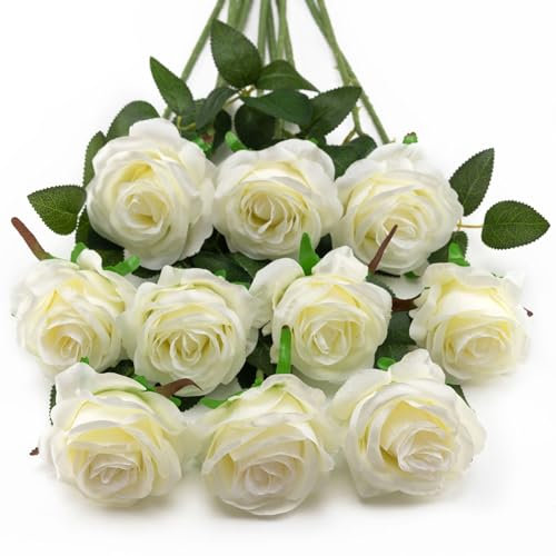 Witeygai 10 Stück Weiß Rosen Künstlich, Long Stem Fake Rose Seide Braut Hochzeitsstrauß Realistische Blume für Hausgarten Party Hochzeitssträuße Garten Wohnzimmer Hotel Büro Dekor