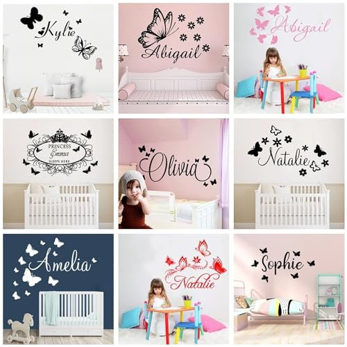 Personalisierter Wandaufkleber Mit Namen Und Schmetterlingen, Selbstklebender Vinyl-Aufkleber, Maßgeschneidert, Personalisiertes Skript, Wandaufkleber Mit Individuellem Namen Und Schmetterlingen(XL)