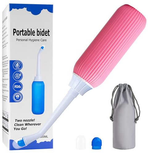 Tragbares Bidet Intimdusche für Damen, 500ml Portable Bidet für die Postpartale Dammpflege, Peri Bottle für Vaginaldusche, Perineal Flasche mit Doppeldüse und Reisetasche,Rosa