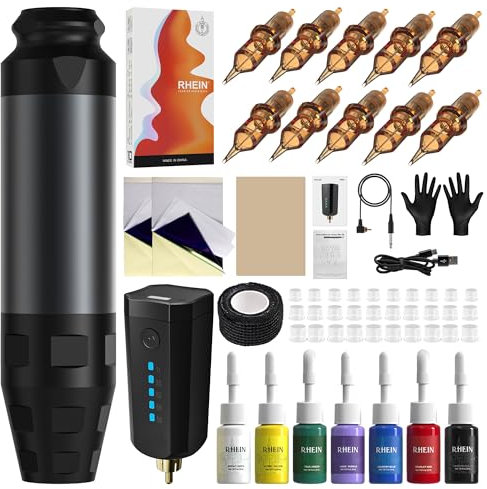 RHEIN Maschine Set mit 1600mAh Akku 10 Stück Cartridges 7 Inks Kabellos Maschine Komplettes Zubehör RNP76KIT-7