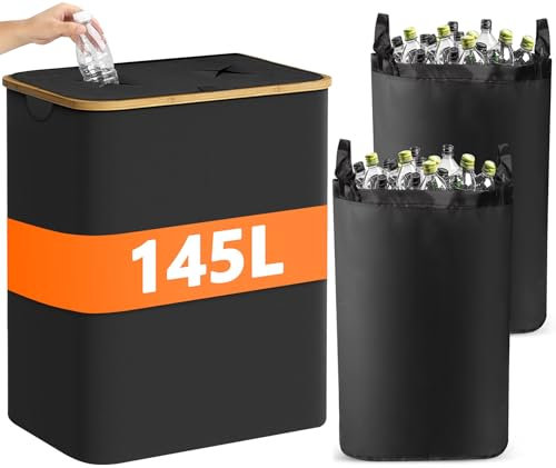 RDDAIPE Pfandflaschen Sammelbehälter mit Deckel 145l, Groß Pfandflaschen Behälter mit Loch und 2 Tragetasche, Leergut & Altglas Aufbewahrung Pfandflaschen, XXL Küche Flaschensammler Leergut, Schwarz