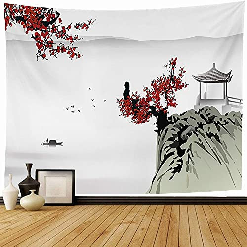 Wandtuch Design Asien Berg Boot Pinsel Tinte Zeichnung China Fluss Japan Chinesische Malerei Natur Kirsche Stil Wandteppich Weiches Wand Dekoration Waschbar Wandbehang Für 130x152cm
