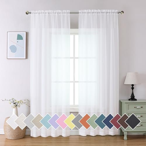 Aiyufeng Long Sheer White Curtains - Transparent Light Weight Soft Window Treatment Curtain Panels with Rod Pocket Top for Patio Door/Living Room (W42 x L90, 2 Panels)