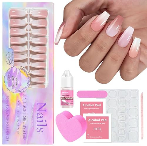 Falsche Nägel Tips Set - 150Stk Press on Nails French Medium Almond, Weiß Rosa Gradient Design Tips für Nägel Full Cover Acryl Künstliche Fingernägel für Frauen & Mädchen (Rosa Trapez, 150x)