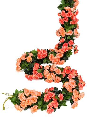 JUSTOYOU Lot de 2 guirlandes de roses artificielles double couleur à suspendre pour extérieur, intérieur, mariage, mur, salle de bain (orange, 13 têtes)