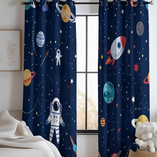 Blickdichte Vorhänge Drucken mit Ösen Wohnzimmer Gardinen Cartoon, Astronauten, Universum Muster Ösenvorhang Thermovorhang für Schlafzimmer 2er Pack Modern Schlafzimmer Gardine H 245 x B 100 cm Bunt