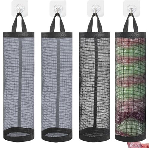 GOTDYBST 4pcs Carrier Bag Storage, Plastic Bag Holder With 4 Hooks, Mesh Hanging Dispenser Trash Bag, Shopping Bag Holder Storage Suitable For Home Kitchen (Black, Grey)