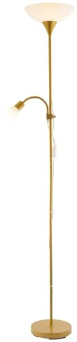 Happy Homewares Satin Gold Mother and Child Floor Lamp with Adjustable Reading Light and Switches | 180cm x 25cm | Opal White Polycarbonate Shades | 1 x 11w and 1 x 7w