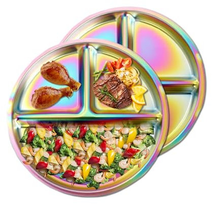 Goiern 2 pièces Assiette pour Enfant en Acier Inoxydable coloré, 23 cm Assiette à portions contrôlées divisée pour Adultes avec Compartiments Plateau Repas pour Tout-Petit