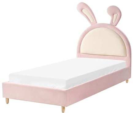 Beliani Modern Velvet EU Single Size Bed Frame Upholstered Kids Bed Slatted Base Pink Lallias