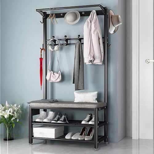 WPPTNSFY Porte-Manteaux avec Banc à Chaussures, Multifonctionnel Portemanteau en Métal, Porte-Manteau Meuble D’entrée avec Crochets, pour Entrée, Chambre Couche Salon