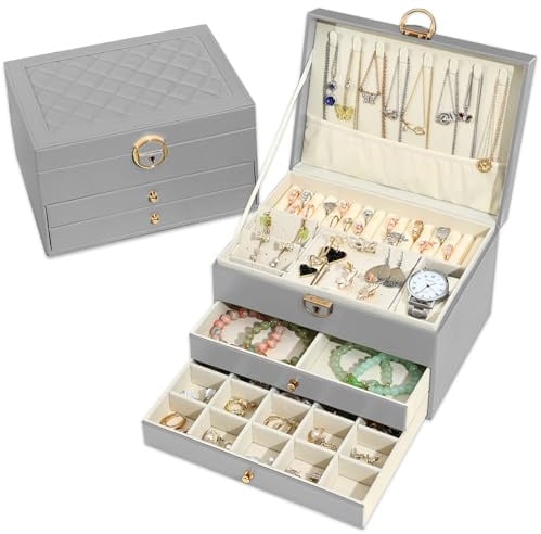 Granbest 3 Schichten Schmuckkästchen mit 2 Schubladen, Elegante Schmuckkasten, Leder Schmuckbox Ideal für Halsketten, Armbänder, Ringe und Ohrringe (Grau)