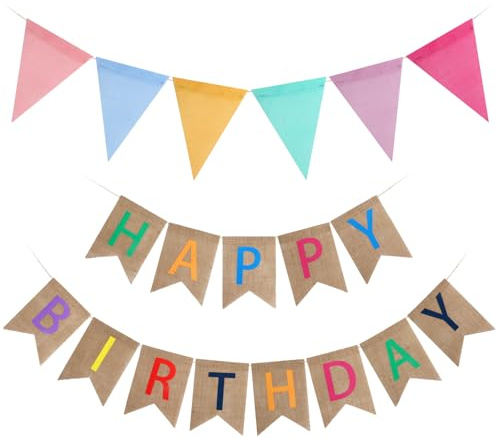 Happy Birthday Girlande Sackleinen, Geburtstagsgirlande mit Wimpelkette Stoff & 6 Flaggen Geburtstag Leinenbanner Bunte DIY Geburtstag Deko für Kinder & Erwachsene Leinendeko für Zuhause Garten Party