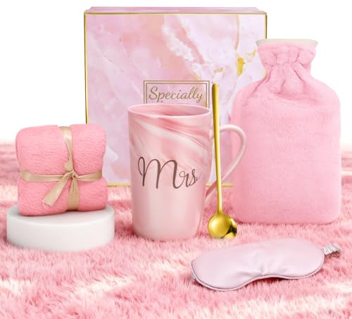Mittimiya Wärmflasche Geschenkset mit Bezug und Tasse, Rosa | Löffel, Handtuch, Augenmaske, Geschenke für Frauen, Geburtstagsgeschenk