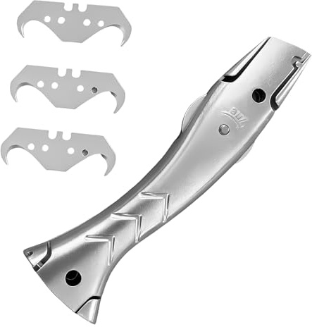 SRJQXH Teppichmesser mit Hakenklinge, Hakenmesser, Aluminium-Mehrzweckmesser mit Hakenklinge zum Schneiden von PVC-Böden, Silber