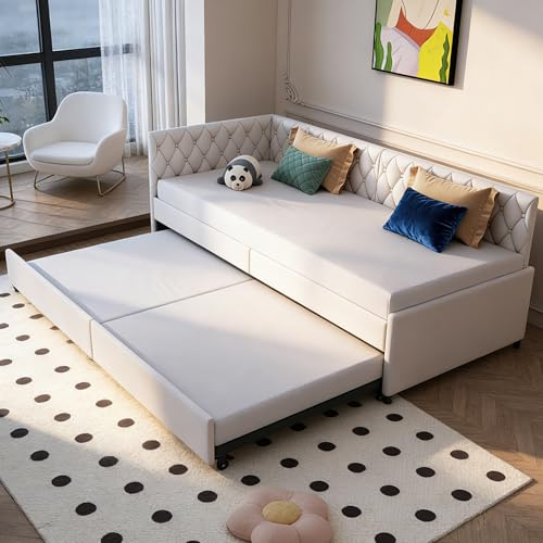 Ausziehbares Schlafsofa 90x200 cm, Schlafcouch mit Stauraum-Schubladen & kuscheligem Samt Velours, Tagesbett zum Ausziehen mit Lattenrost, Modernes Gästebett, Ohne Matratze (Beige, 200 cm x 90 cm)