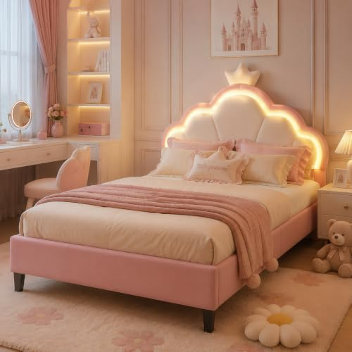 BRILVERDE Mädchenbett 90x200 mit Schublade, Prinzessin Bett, Kinderbett mit LED-Kopfteil und Lattenrost, Jugendbett für Kinder und Jugendliche, PU (Rose, 90x200)