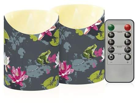 decor gift Tabletop Flameless Candles Set of 2 Animal Frog Water Lily Gray Remote Control Candles for Bathroom Vanity