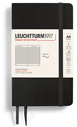 LEUCHTTURM1917 329869 Notizbuch Pocket (A6), Softcover, 123 nummerierte Seiten, kariert, Schwarz