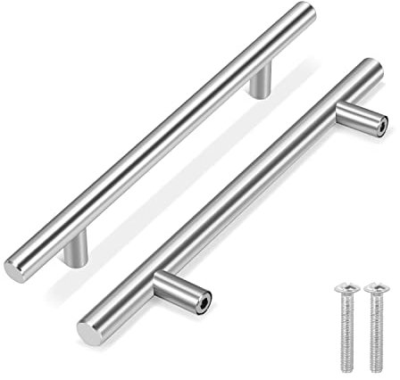 Flexzion 5 Stück Schrankgriffe, Möbelgriffe - 20cm, 128mm Bohrlochabstand Griffe für Küchenschränke, Hohle Küchengriffe aus gebürstetem Edelstahl, Küche Türgriffe, Schubladengriffe, Silber