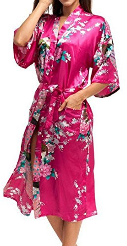 Paon Cardigan Robe de Chambre Longue - Peignoir Court Kimono Soie Artificielle Femme - Rouge Rosé - Taille 3XL