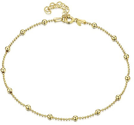 Gold Plated on Fine 925 Sterling Silver 3.2 mm Adjustable Anklet - Ball Bead Chain Ankle Bracelet - 9 to 10 inch - Flexible Fit