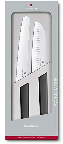 Victorinox Swiss Modern - Set di 2 coltelli da pane, coltello Santoku, extra affilato, manico in plastica resistente, colore: Nero