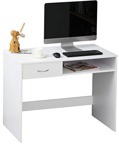 HOMCOM Compact Computer Desk, Study Table with Drawer and Storage Compartment, Writing Workstation, White