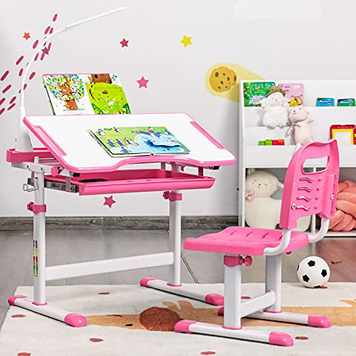 COSTWAY Kids Desk and Chair Set, Height Adjustable Student Study Table with Drawable & Tilted Desktop and Pull-Out Drawer, for Writing, Reading and Drawing (Pink with Light)