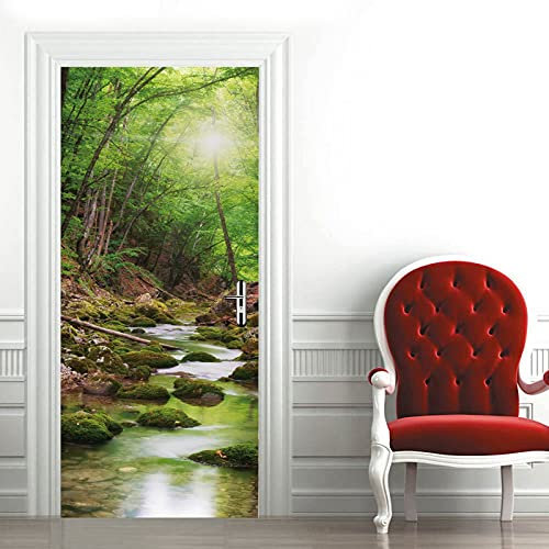 A.Monamour Sticker Porte Autocollant Poster De Porte 3D Rivière De Montagne Le Matin Nature Paysage Vinyle Affiche De Porte Sticker Mural Papier Peint Art Décor 85 x 215 cm