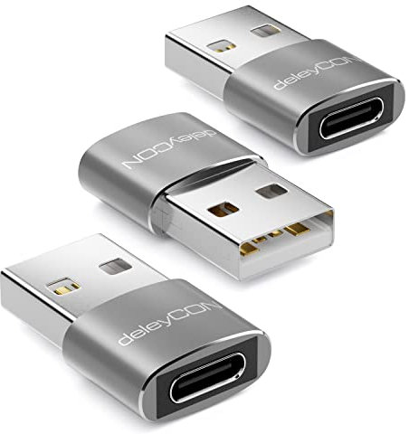 deleyCON Adaptateur USB C (3 Pièces) C Femelle vers A Mâle - pour Câble de Charge Câble de Données - pour iPhone 16 15, iPad, Airpods, Watch, Galaxy S25/S24, PC, Ordinateur Portable - Argent